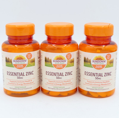 Sundown Essential Zinc 50mg 3 Pack 100 Caplets Ea Bottle Exp 04/27