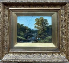 Antique Painting: People Fishing By A Bridge, Oil On Board , Indistinctly Signed