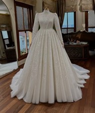 Muslim Caftan Princess Wedding Dresses High Neck Long Sleeve Applique Lace