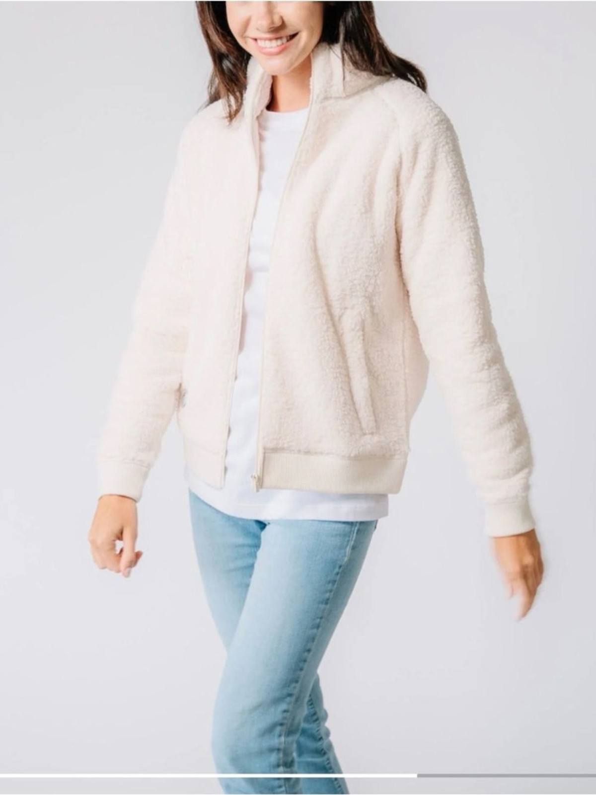Women's GOAT brand Cream Sherpa Zip-Front Jacket