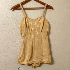 Vtg 50s Rose Marie Reid One Piece Bathing Swimsuit Gold Brocade Asian Print VLV