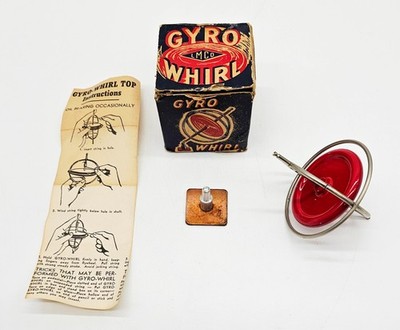 Gyro Whirl Metal Top Toy Red #46 Vintage 1950s w Orig Box + Stand Langson LMCO