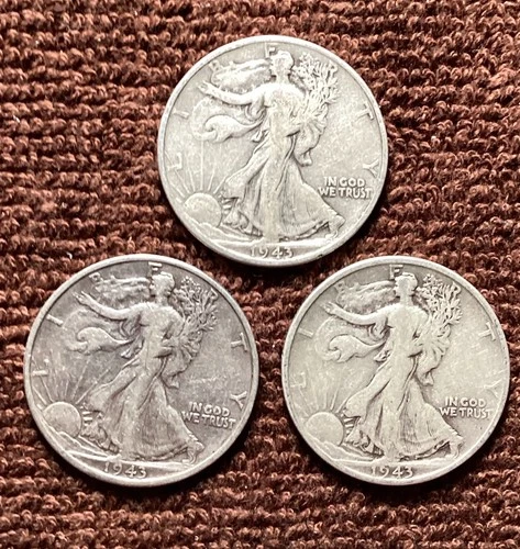 90% Silver Franklin Half Dollars. 1943-P 1943-D 1943–S. Lot Of (3). Free Ship.