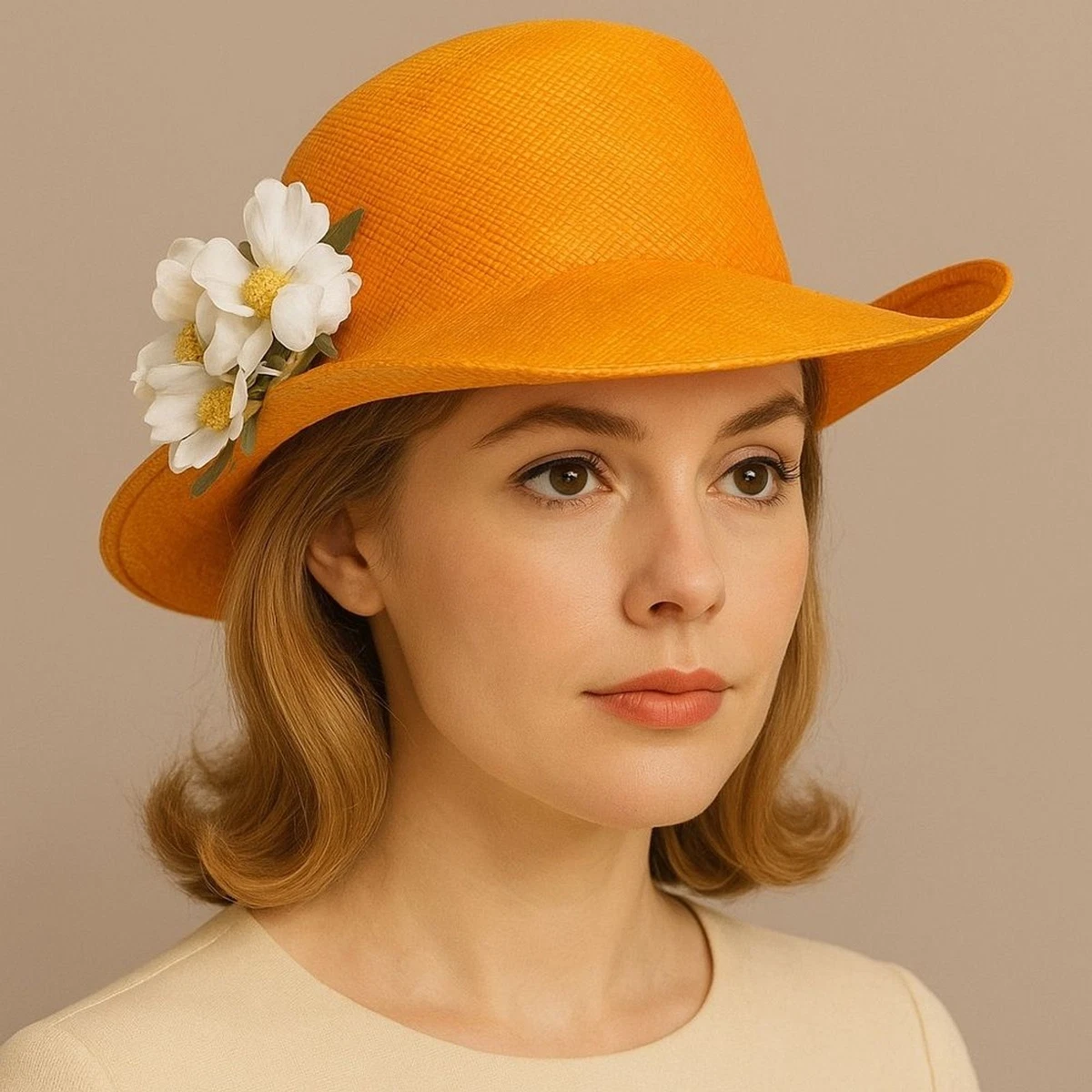 Vintage 1960s Madcaps Orange Straw Hat White Blossom Flower Pin Trim Wide Brim Vintage 1960s Madcaps Orange Straw Hat White Blossom Flower  main image 3