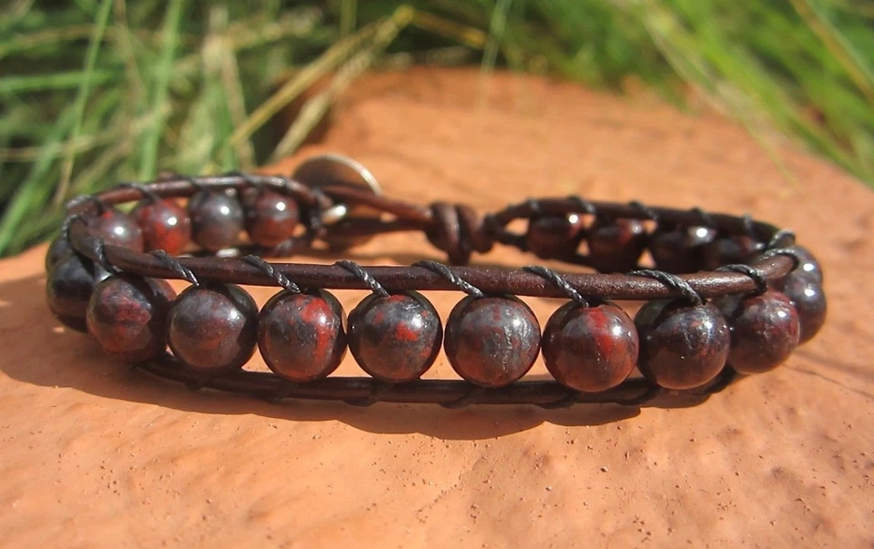 Great Gift Men's Tribal Surf Blood Stone Brown Leather Bracelet w/ Indian  - Image 4 of 4
