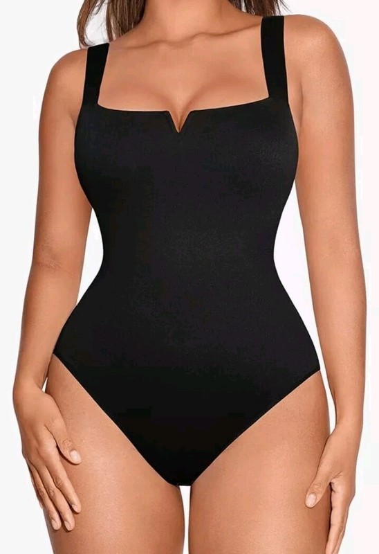 FeelinGirl XXL Square Neck Bodysuit Women Sleeveless Tummy Control One Piece Blk