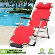 Patio Lounge Chair Outdoor Foldable Garden Beach Recliner Chaise Red w/Headrest
