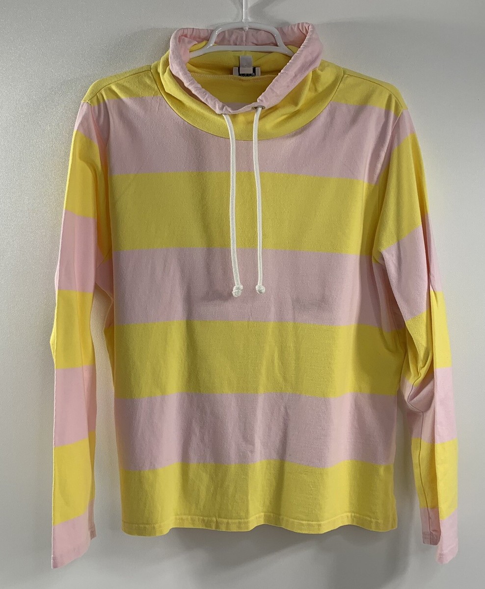 J Crew Sweatshirt Womens Large Striped Hoodie Pink Yellow Cowl