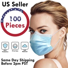 100PCS 3-PLY Disposable Face Mask Protective Non Medical Earloop Mouth Cover