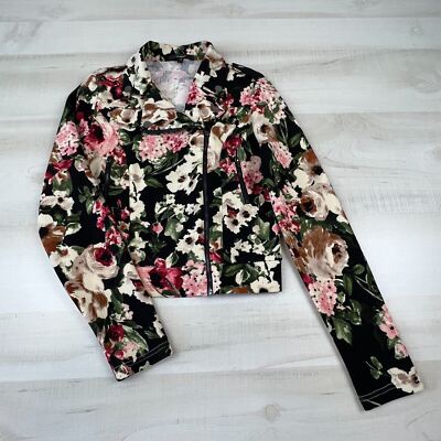 Papaya Womens Jacket Medium Black Floral Cropped Full Zip Knit Collard Ladies