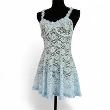 Vintage 90s Blue Lace Lingerie Chemise Nightgown Set Ruffle Bow Detail Coquette