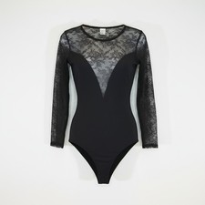 A5 NWT Auth HANKY PANKY Black Round Neck Long Sleeved Odette Bodysuit Size M