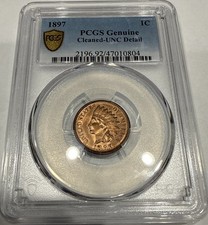 1897 Indian Head Cent 1C Penny Copper Coin PCGS UNC Detail Cleaned (G30)