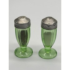 Vintage Green Uranium Glass Salt and Pepper Shakers Ribbed Footed Set 1930s