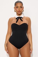 Fashion Nova AKASHA Collared Bodysuit Black And White Sheer Mesh SZ LG