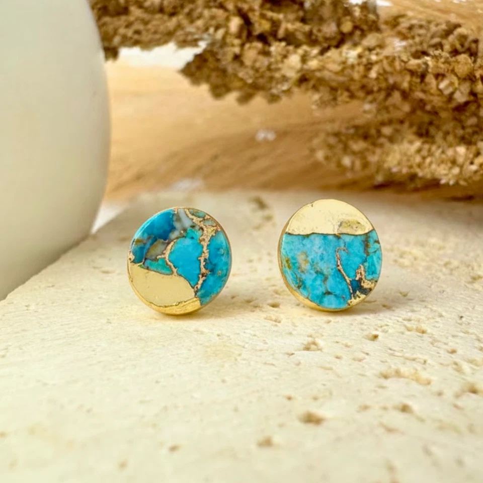 Genuine Turquoise Dainty Oval Stud Earrings Gold Plated Women Healing Jewelry - Image 2 of 3