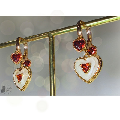 Handmade Gilded Heart Drop Earrings   Gold Huggie Hoops w/ Ruby CZ Hearts  
