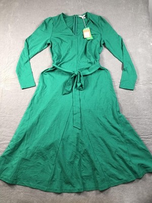 Boden Dress Womens 10 Green V Neck Long Sleeve Belted Fit Flare Midi NWT
