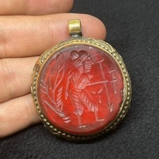 Unique Ancient Roman King Intaglio Carnelian Agate Stone Brass Coated Pendant 