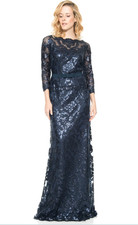 Tadashi Shoji Navy Paillette Lace Gown 20Q 2X Elegant Evening Dress