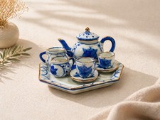 Vintage Miniature Blue White Porcelain Tea Set Gold Trim Teapot Cups Tray