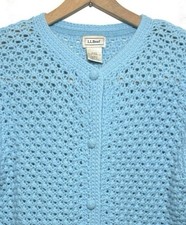 LL Bean Vintage Angora Wool Cardigan L Blue Crochet Knit Covered Buttons