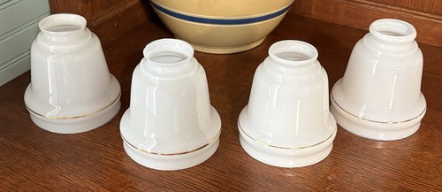 Set of 4 Vintage Milk Glass w/Gold Stripe Ceiling Fan Shades Excellent Condition