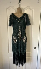 Jicagom Flapper Dress Women's M Green Fringed Sequin Roaring Sleeveless V-Neck