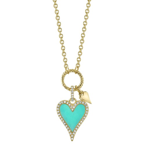 Pendente A Cuore In Diamante E Turchese In Oro Giallo 14K Naturale 0.74 TCW