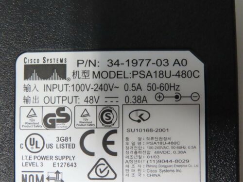 Adaptador Cisco 34-1977-03 PSA 18U-480C Entrada 100-240V Salida 48V - 0.38A Lote 5x - Imagen 3 de 3