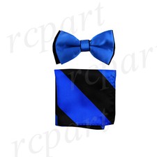 New Men's Pre-tied Bowtie And Hankie Set Two Tone Party Royal Blue Black Stripe