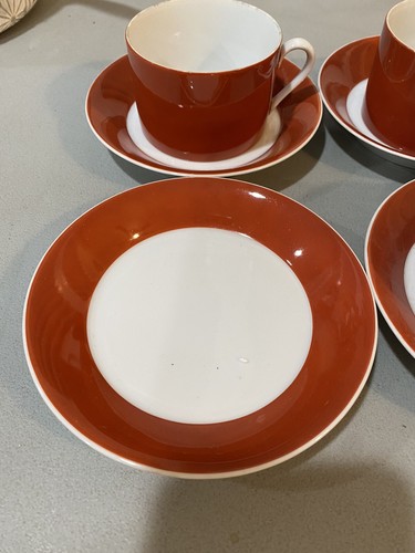 Vintage Fitz & Floyd Terra Cotta Orange Flat Cup & Saucer Set Of 6 vivid color! - Picture 2 of 9