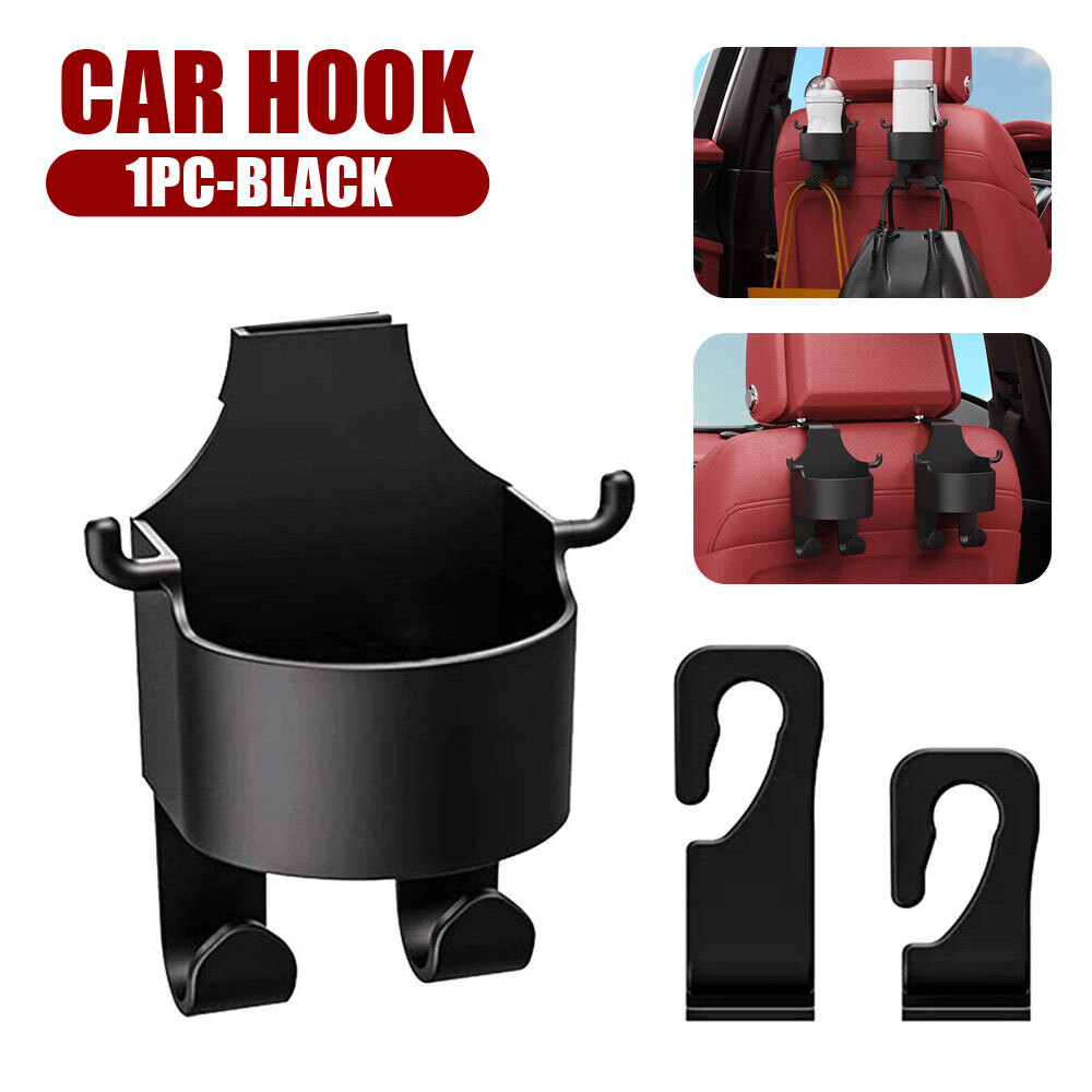 1pc 2 in 1 Black Car Seat Headrest Hook Hanger Storage Organizer with Cup Holder