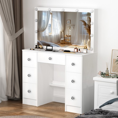 Makeup Vanity Desk with Mirror & Lights, Vanity Table with 7 Drawers LED Dresser - Picture 3 of 7