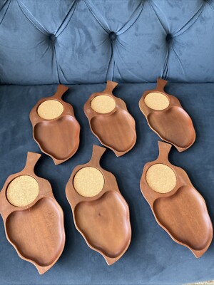 Vintage Mid Century 4 Wood Snack Trays Inlaid Cork Coasters Pepper Shape