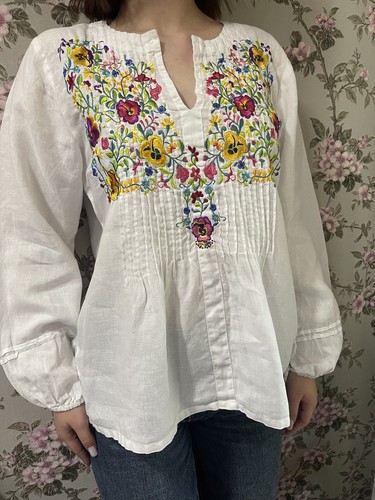 Top blusa Johnny Was bianco ruggine ricamato contadino boho floreale lino M - Foto 4 di 13