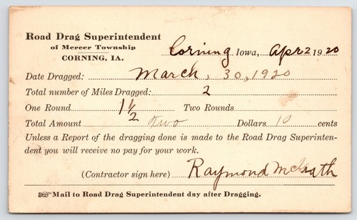Corning Iowa~F A Brokaw~Road Drag Superintendent~Contractor Raymond McKrath 1920 - Picture 1 of 2