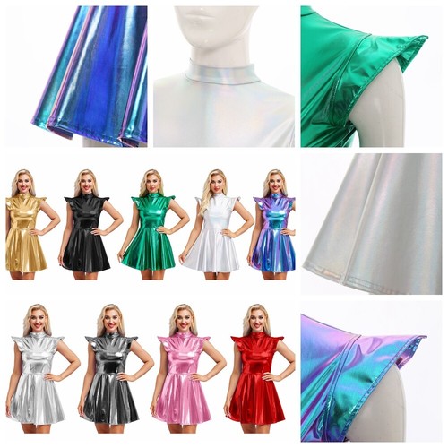 Women Costume Ruffled Dress Sleeveless Skirts Sparkly Mock Neck Glossy Metallic