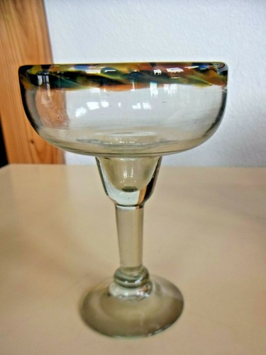 Vintage Hand Blown Colorful Edges Heavy Sturdy Mexican Margarita Drinking Glass
