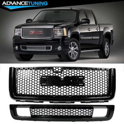 Fits 07-13 Sierra 1500 Denali Gloss Black Front Mesh Upper + Lower Bumper Grille
