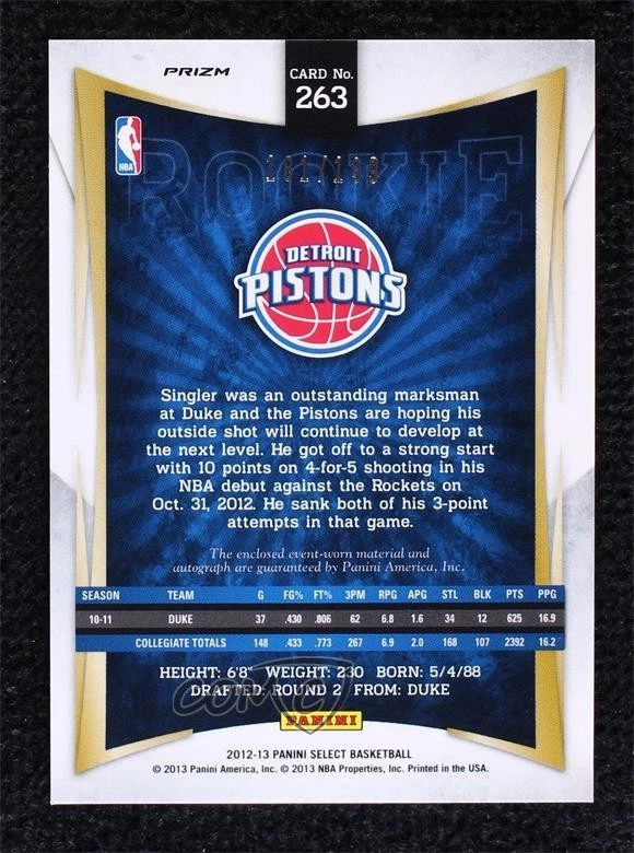 2012-13 Panini Select Silver Prizm /199 Kyle Singler #263 Rookie Auto RC - Image 2 of 2