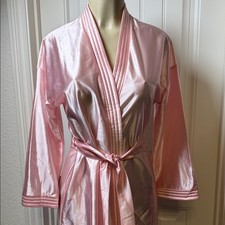 Vintage Pink Satin Robe Belted Long Dressing Gown Made in USA Size M 12 14