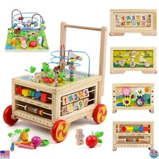 7-in-1 Wooden Activity Cube Montessori Toy for 1+ Year Old Kids, Bead Maze