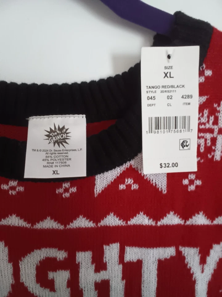 The Grinch Sweater Mens XL Red Naughty or Nice Christmas Ugly Holiday NWT (L) - Image 2 of 3