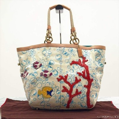 COACH Vintage Bubblefish Fish Tote Bag Canvas Leather Ivory x Blue w/ Dust Bag