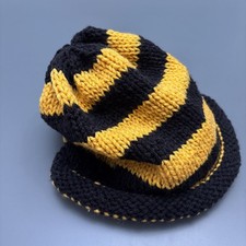 Hand Knit Hat Hufflepuff Hogwarts Yellow and Black Stripes Beanie Slouchy Winter