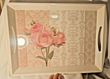 Home Essentials floral white pink taupe rose melamine serving tray 12.5x17.5x2''