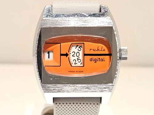 VINTAGE RARE ORANGE DIAL MENGERMANY JUMP HOUR DIGITAL MECHANICAL WATCH "RUHLA"