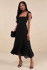 Lulus Summer Invite Tie-Strap Tiered Midi Dress Black M
