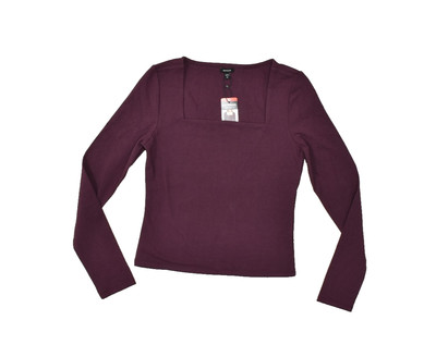 Express Women Size XS Burgundy Square Neck Long Sleeve Ribbed Knit Top NWT